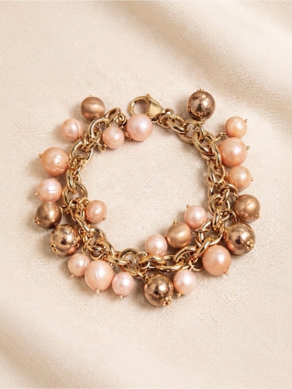 Honora Bronze Italy Pink Cultured Pearl Charm Bracelet 7.25”